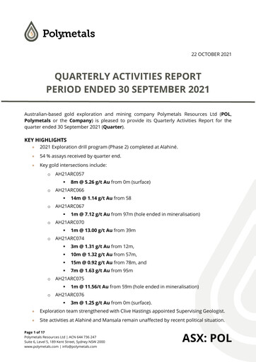 Miniature Polymetals Resources Rapport trimestriel 2021-q3