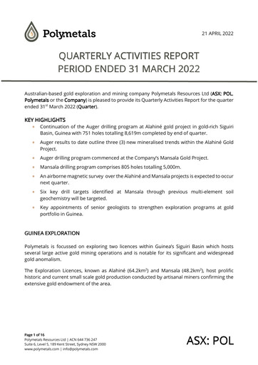Miniature Polymetals Resources Rapport trimestriel 2022-q1