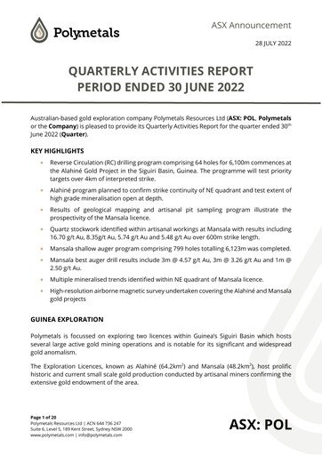Miniature Polymetals Resources Rapport trimestriel 2022-q2