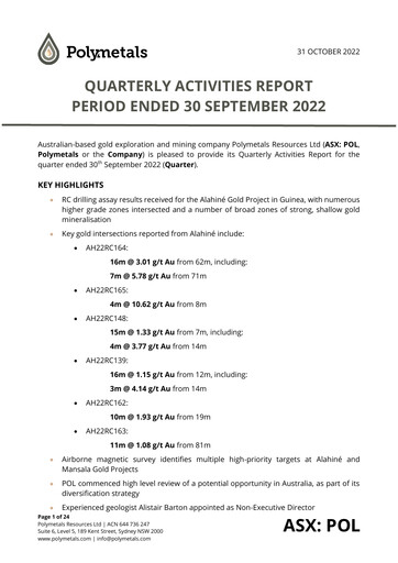 Miniature Polymetals Resources Rapport trimestriel 2022-q3