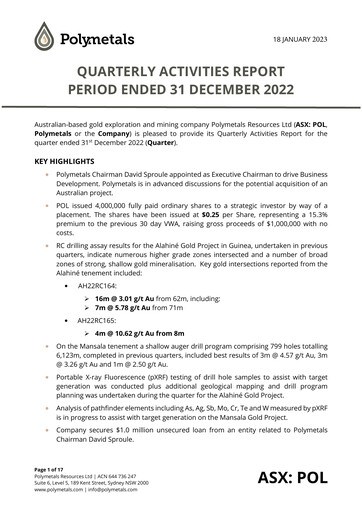 Miniature Polymetals Resources Rapport trimestriel 2022-q4