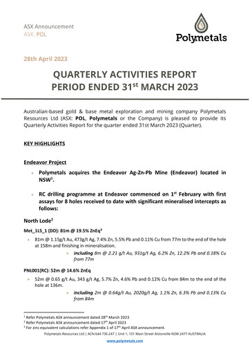Miniature Polymetals Resources Rapport trimestriel 2023-q1
