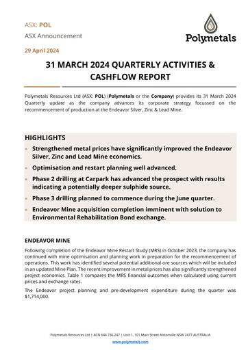 Miniature Polymetals Resources Rapport trimestriel 2024-q1