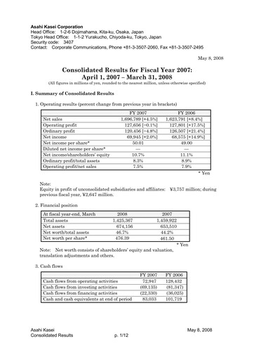 Thumbnail Asahi Kasei
 Financial Statement fy2007