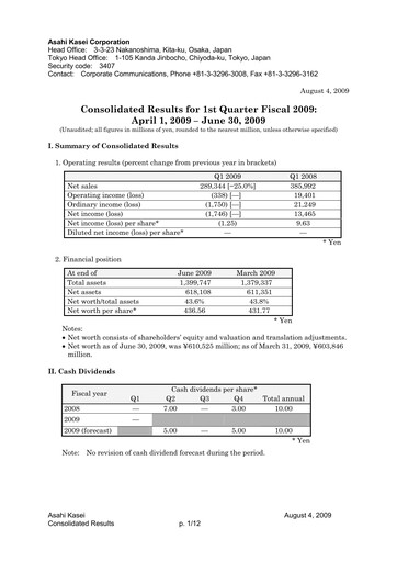 Miniature Asahi Kasei
 Rapport trimestriel 2009-q1