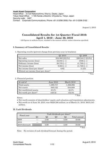 Miniature Asahi Kasei
 Rapport trimestriel 2010-q1