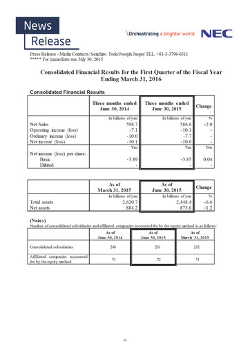 Thumbnail NEC Corp
 Quarterly Report 2015-q1