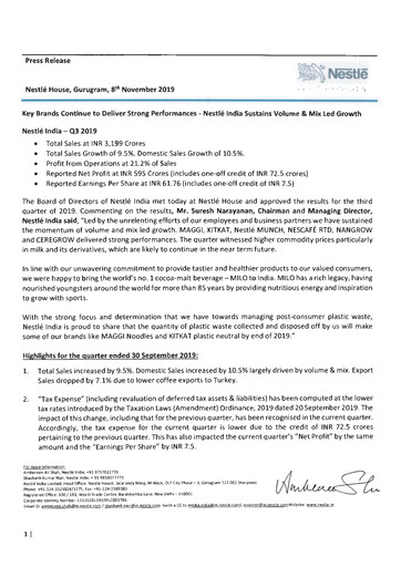 Thumbnail Nestlé India Financial Report 2019-q3