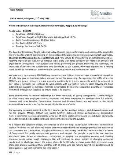 Thumbnail Nestlé India Financial Report 2020-q1
