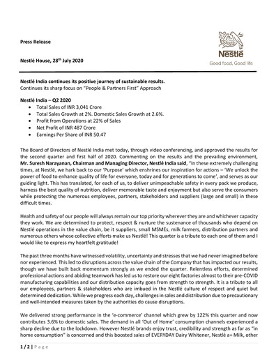 Thumbnail Nestlé India Financial Report 2020-q2