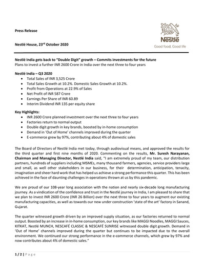 Thumbnail Nestlé India Financial Report 2020-q3