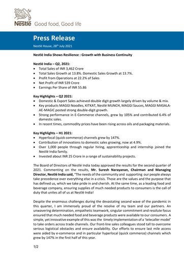 Thumbnail Nestlé India Financial Report 2021-q2
