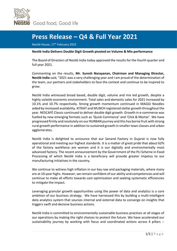 Thumbnail Nestlé India Financial Report 2021