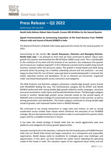 Thumbnail Nestlé India Financial Report 2022-q2