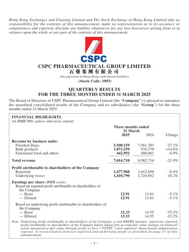 Vorschaubild CSPC Pharmaceutical Group Limited Quartalsbericht 2025-q1