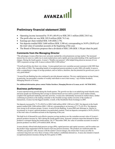 Miniature Avanza Bank Bilan financier 2005