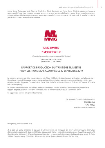 Miniature MMG Limited Rapport trimestriel 2019-q3