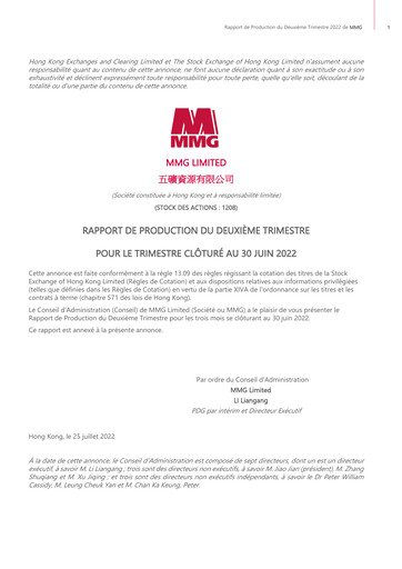 Miniature MMG Limited Rapport trimestriel 2022-q2
