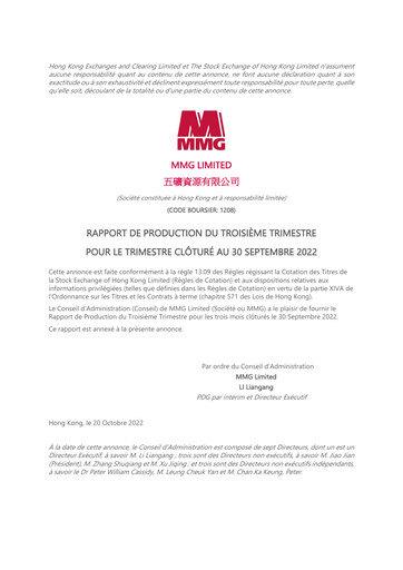 Miniature MMG Limited Rapport trimestriel 2022-q3