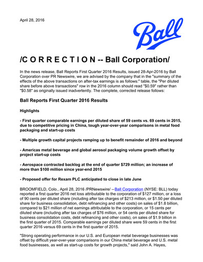 Thumbnail Ball Corporation
 Quarterly Report 2016-q1