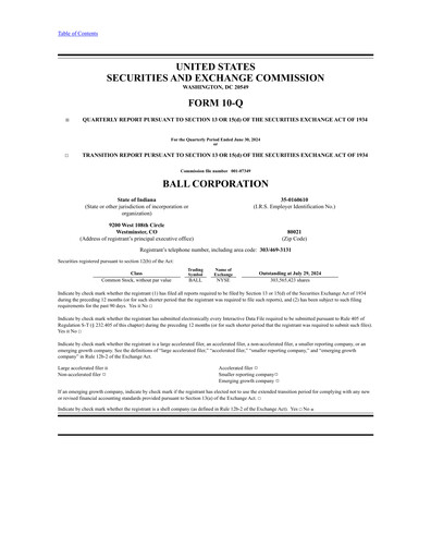 Thumbnail Ball Corporation
 Quarterly Report 2024-q2