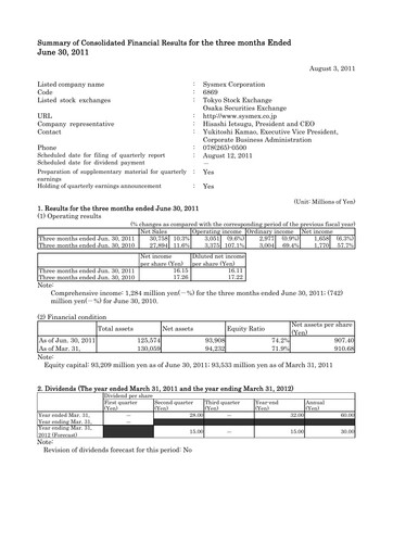Thumbnail Sysmex Quarterly Report fy2011-q1