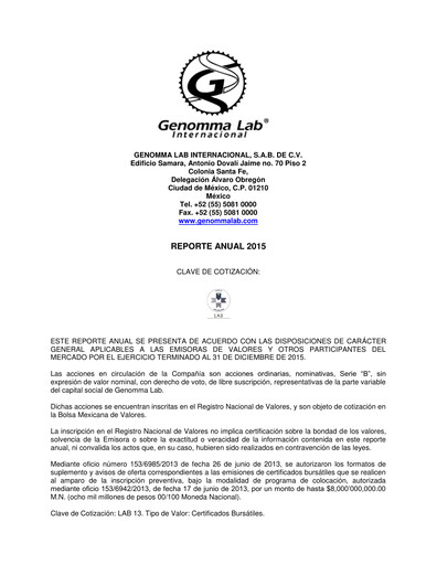 Thumbnail Genomma Lab Internacional Annual Report 2015