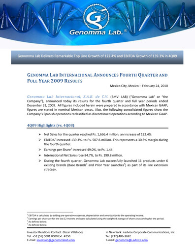 Thumbnail Genomma Lab Internacional Financial Statement 2009