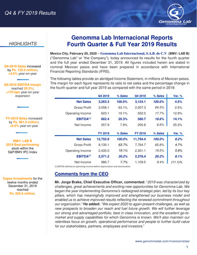 Thumbnail Genomma Lab Internacional Financial Statement 2019