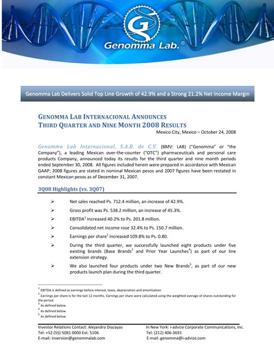 Thumbnail Genomma Lab Internacional Quarterly Report 2008-q3