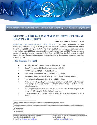Thumbnail Genomma Lab Internacional Quarterly Report 2008-q4