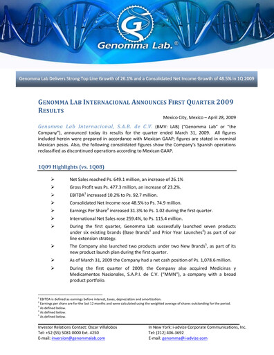 Thumbnail Genomma Lab Internacional Quarterly Report 2009-q1