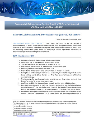 Thumbnail Genomma Lab Internacional Quarterly Report 2009-q2