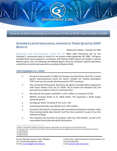 Thumbnail Genomma Lab Internacional Quarterly Report 2009-q3