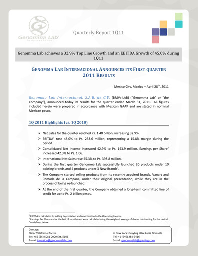Thumbnail Genomma Lab Internacional Quarterly Report 2011-q1