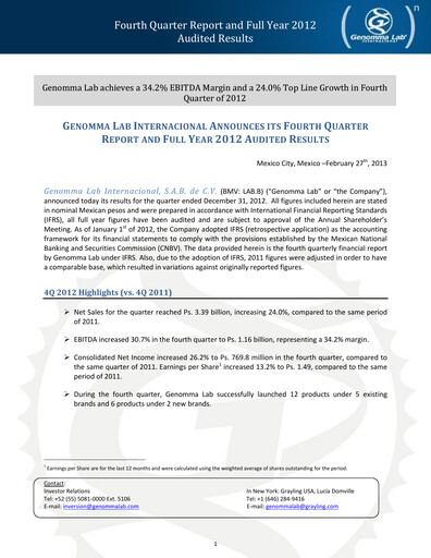 Thumbnail Genomma Lab Internacional Quarterly Report 2012-q4