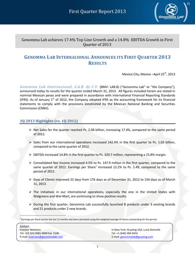 Thumbnail Genomma Lab Internacional Quarterly Report 2013-q1