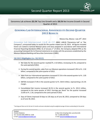 Thumbnail Genomma Lab Internacional Quarterly Report 2013-q2