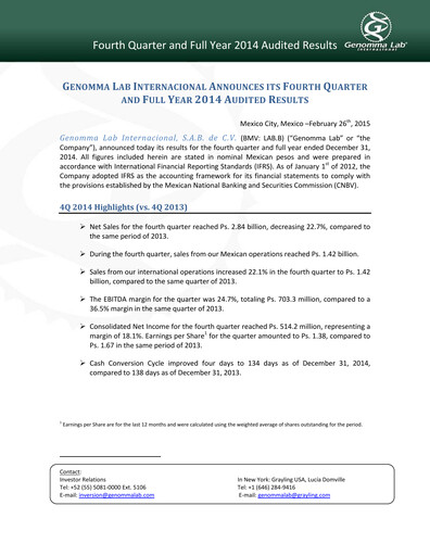 Thumbnail Genomma Lab Internacional Quarterly Report 2014-q4