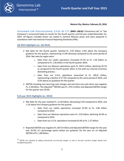 Thumbnail Genomma Lab Internacional Quarterly Report 2015-q4