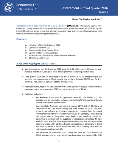 Thumbnail Genomma Lab Internacional Quarterly Report 2016-q3