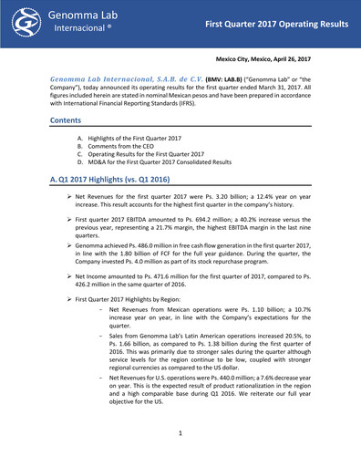 Thumbnail Genomma Lab Internacional Quarterly Report 2017-q1