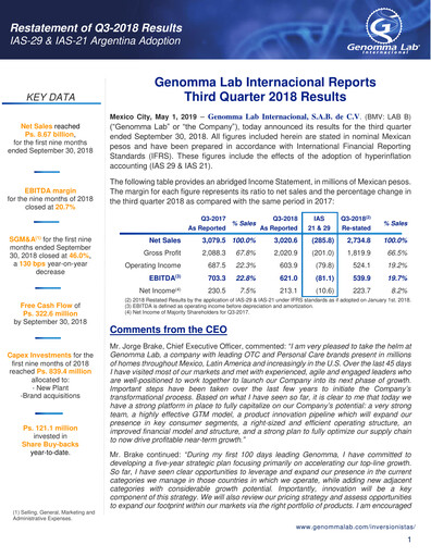 Thumbnail Genomma Lab Internacional Quarterly Report 2018-q3