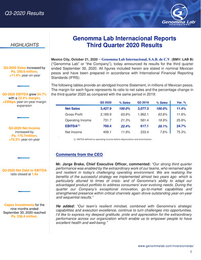 Thumbnail Genomma Lab Internacional Quarterly Report 2020-q3