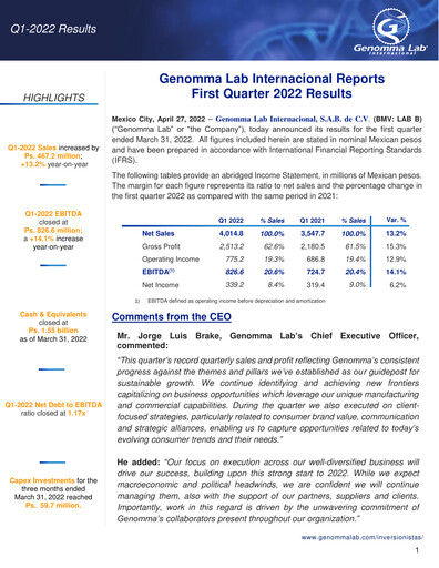 Thumbnail Genomma Lab Internacional Quarterly Report 2022-q1