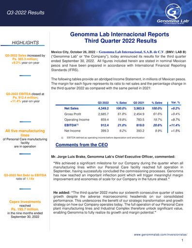 Thumbnail Genomma Lab Internacional Quarterly Report 2022-q3