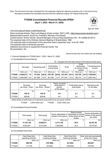 Miniature Toyota Industries
 Rapport financier fy2026