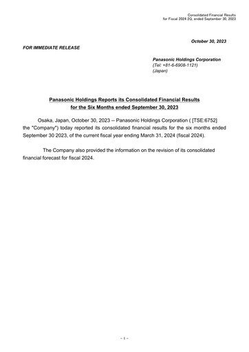 Miniature Panasonic Rapport financier 2023-h1