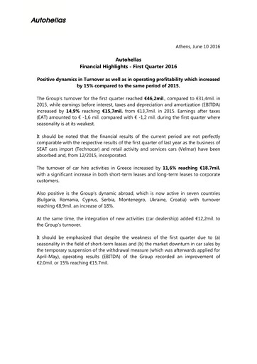 Miniature Autohellas Rapport trimestriel 2016-q1