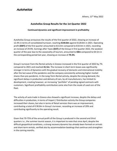 Miniature Autohellas Rapport trimestriel 2022-q1